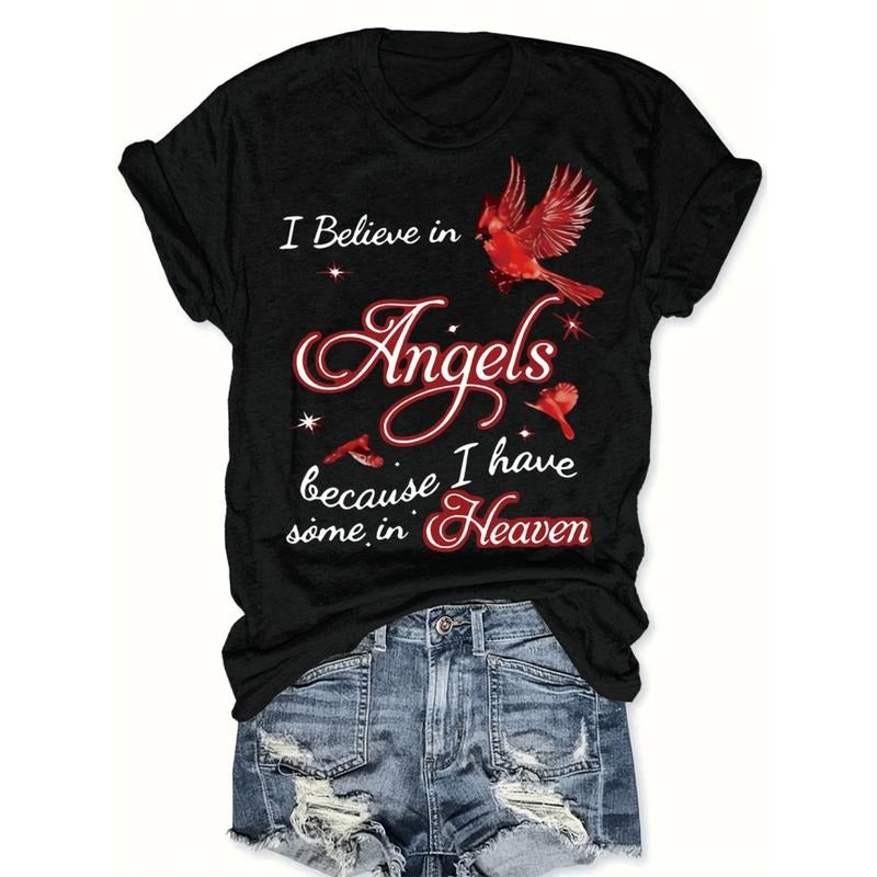100% Cotton Women Angel Graphic T-Shirt Short Sleeve Crew Neck Polyester Top Casual Wear Geometric Pattern Knit Fabric...