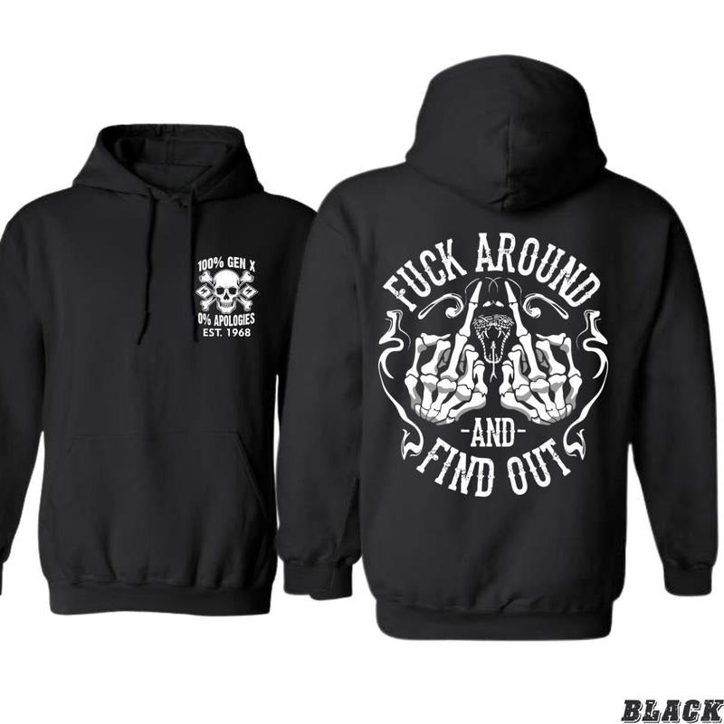 100% Gen X Hoodie - Bold Skull and Fist Graphic with Fck Around and Find Out Text, Unisex Cotton Apparel for Comfort and...