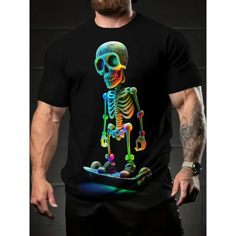 100% Polyester Men'WB shield Graphic T-Shirt, Cool Skeleton Skateboarding Design, Vibrant Print, Regular Fit, Casual Crew...