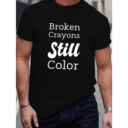 100% cotton T-shirt, Men's Broken Crayons Still Color Print T-shirt, Casual Short Sleeve Crew Neck Tee, Men's Clothing...