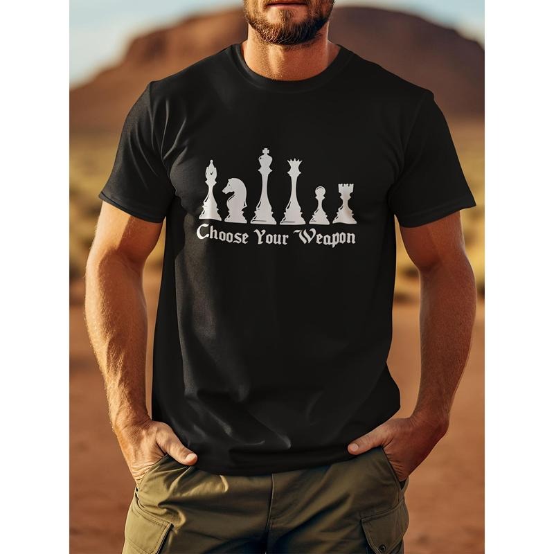 100% cotton T-shirt, Men's Chess Pattern And Letter Print T-shirt, Crew Neck And Short Sleeve Tee, Stylish And Cool Pure Cotton Tops For Summer Street Wear made in usa