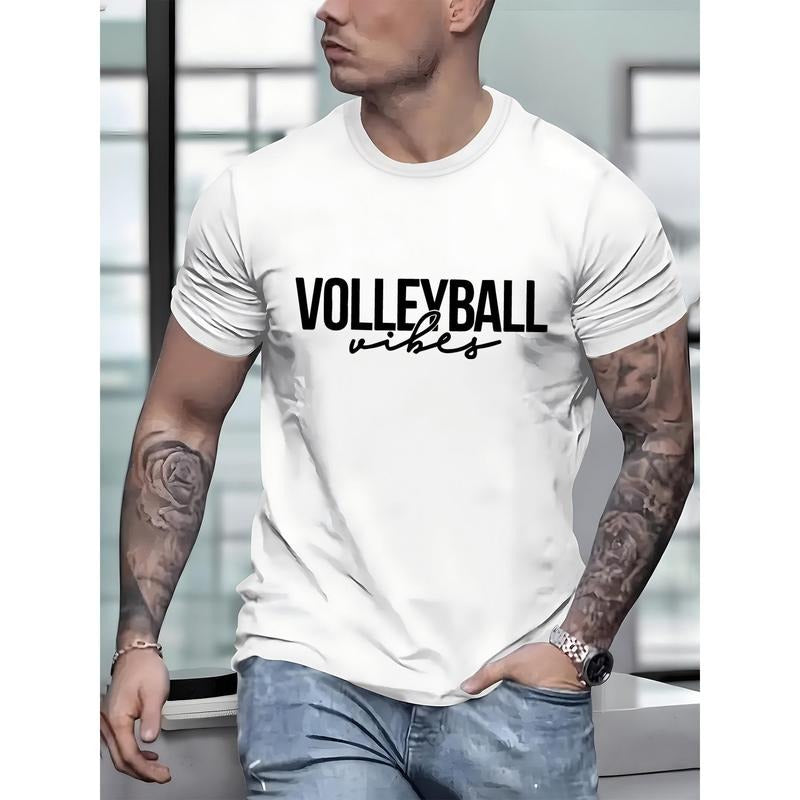 100% cotton T-shirt, Volleyball Print, Men's Round Crew Neck Short Sleeve, Simple Style Tee Fashion Regular Fit T-Shirt,...