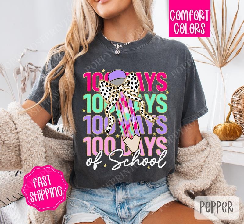 100 Days of School Shirt Comfort Colors, Cute School Bow Women's Tee, Trendy Women's Tshirt Hoodie, Sweatshirt