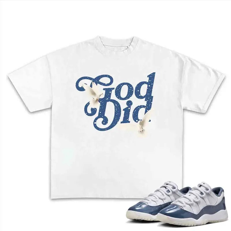 11S Diffused Blue God Did Cotton Menswear Top Streetwear Shortsleeve Tshirt Hoodie, Sweatshirt | DripVista.com