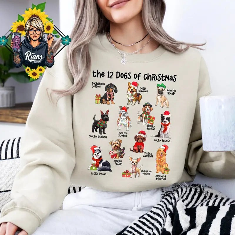 12 Dogs Of Christmas Comfortable Cozy Sweatshirt Crew Neck Cute Pullover
