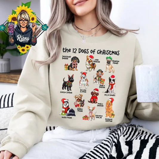 12 Dogs Of Christmas Comfortable Cozy Sweatshirt Crew Neck Cute Pullover
