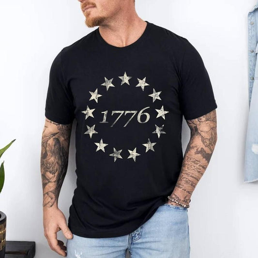 13 Star Flag Betsy Ross Distressed American Flag 1776 T-Shirt | Unisex Cotton Tee, Short Sleeve, Size S-3XL