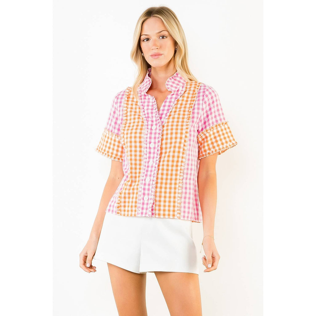 Short Sleeve Mutli Color Gingham Pattern Top