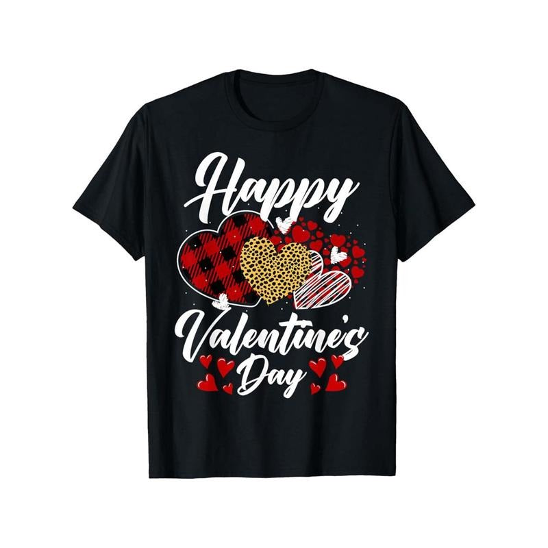 180G Cotton One-Sided Printed T-Shirt- Valentine'S Day Leopard Print Check Heart Print T-Shirt, Casual Crew Neck, Slightly Elastic, Regular Version, Knitted Fabric, Suitable for Adults made in usa