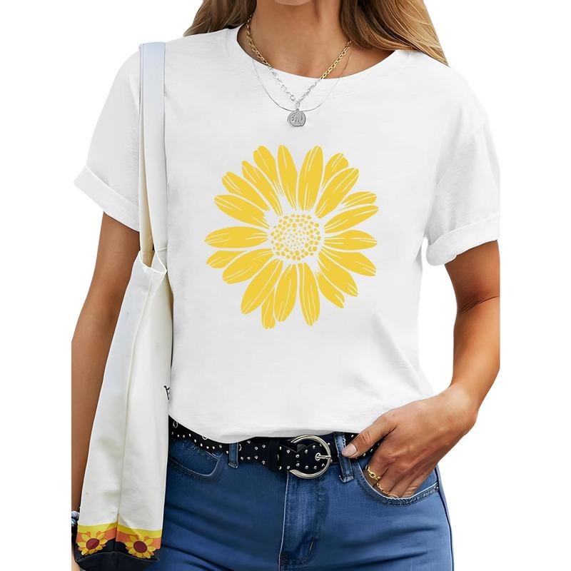 180G Print Round Collar Short Sleeve T-Shirt, Ladies Casual Daisy Pattern Print, Ladies Fashion Casual Sports Loose...