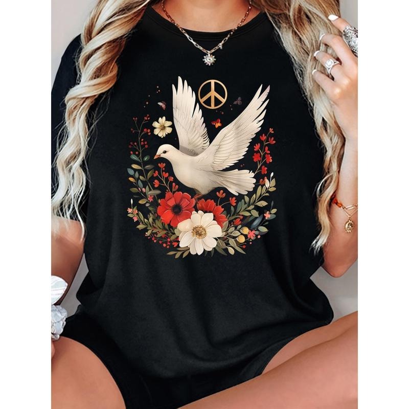 180g Peace Dove with Floral Print Women'WB shield FOG Stretch Crew Neck Short Sleeve Top, Ideal Choice for Spring Gunpla...