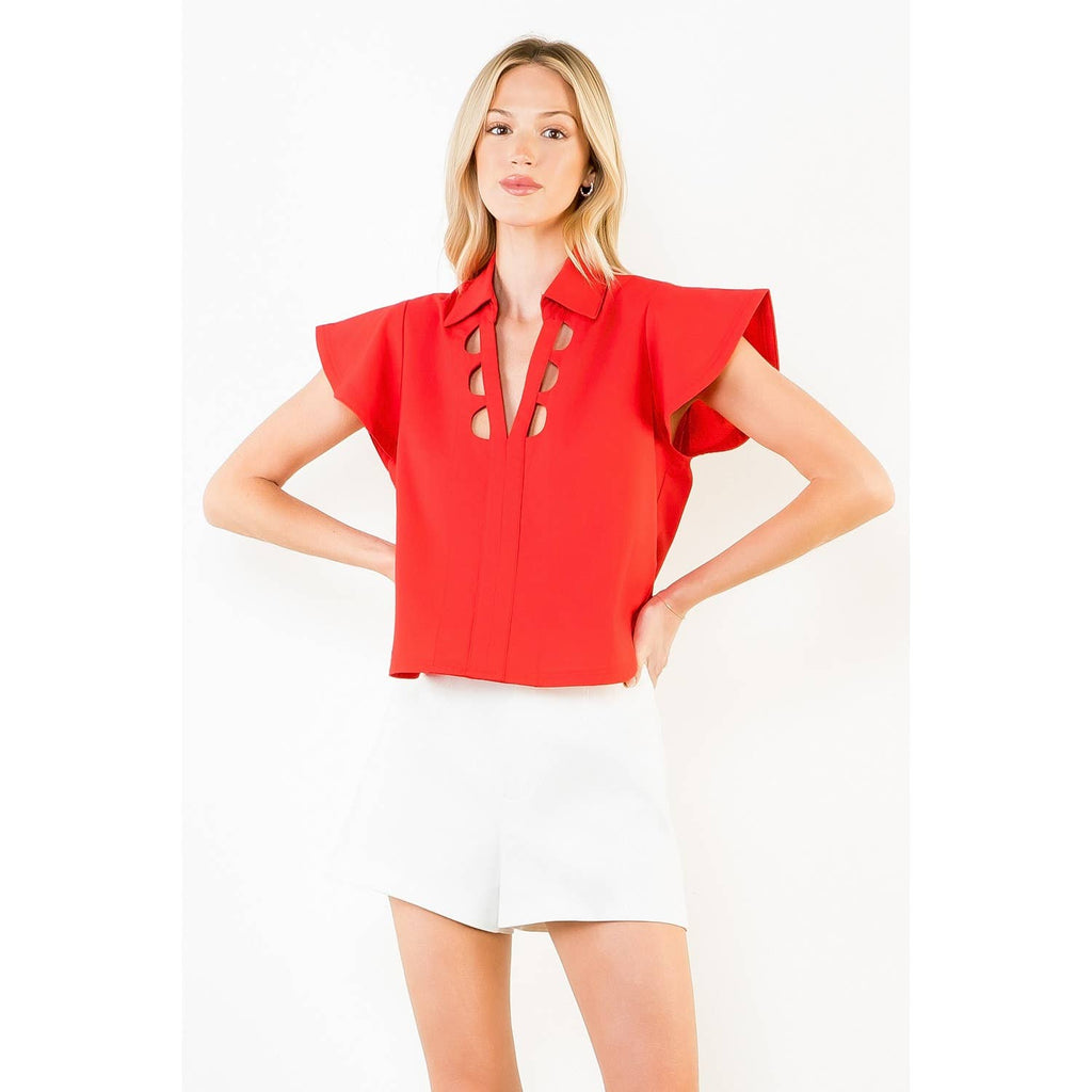 Short Sleeve Cut Out Detail Neckline Top