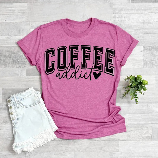 #193 - Coffee Addict, Varsity Print  - Print Unisex Crew neck Tee T-shirt