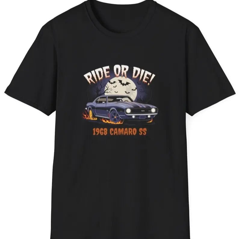 1968 Camaro SS Halloween T-Shirt - RIDE or DIE! Muscle Car Graphic Tee for Car Enthusiasts Gift and Camaro fans