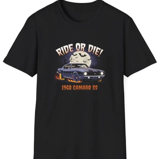 1968 Camaro SS Halloween T-Shirt - RIDE or DIE! Muscle Car Graphic Tee for Car Enthusiasts Gift and Camaro fans