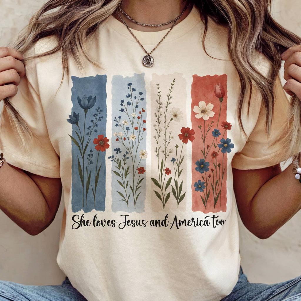 USA She Loves Jesus and America Floral Patriotic Graphic Tee