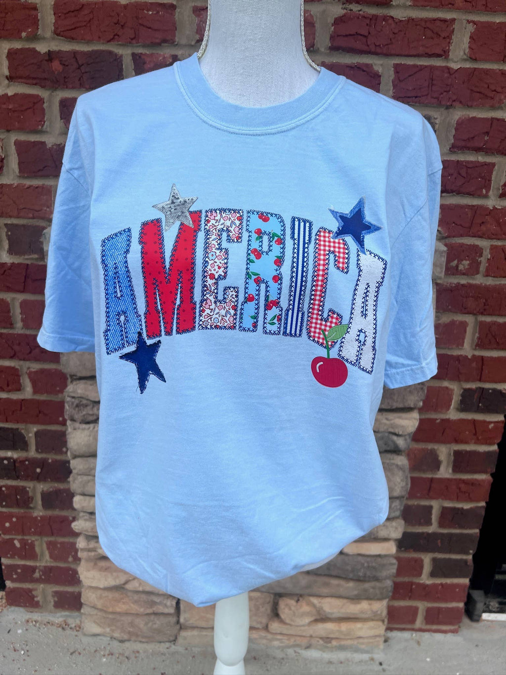 America Patchwork On Comfort Colors Chambray