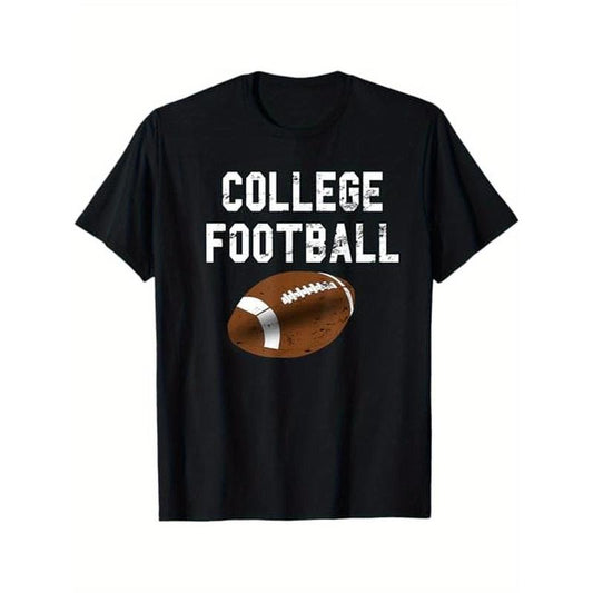 1pc College Football Print T-Shirt - 100% Cotton Crew Neck, Casual All-Season Knit Fabric Tee, Regular Fit Sports Fan Gift for Men & Women, S-XXXL - Black made in usa