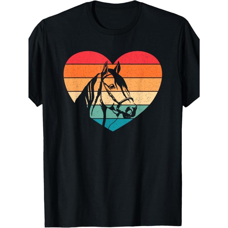 1pc EWH Men'S Casual Cotton T-Shirt with Retro Horse Heart Print, Knitted Fabric, Round Neck, Loose Fit, All-Season, for...