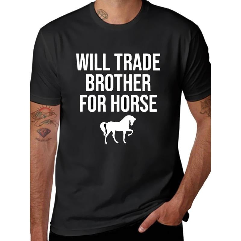 [1pc Horse Print Men'S Cotton T-shirt] Men'S Cotton T-Shirt with Horse Print, Boho Style, Regular Fit, Short Sleeve, Crew Neck, Slight Stretch, Knit Fabric, 100% Cotton Lining, for Casual & Outdoor Wear, All-Season made in usa