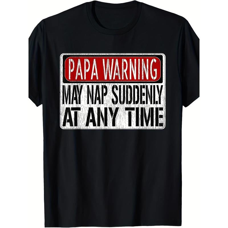 1pc Men'S Casual Cotton T-Shirt with "Papa Warning - May Nap Suddenly At Any Time" Geometric Print, Round Neck, Short Sleeve, Knit Fabric, Regular Fit for All Seasons made in usa