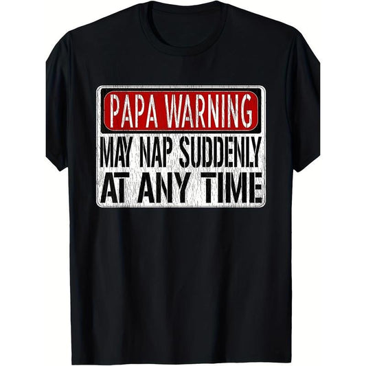 1pc Men'S Casual Cotton T-Shirt with "Papa Warning - May Nap Suddenly At Any Time" Geometric Print, Round Neck, Short Sleeve, Knit Fabric, Regular Fit for All Seasons made in usa