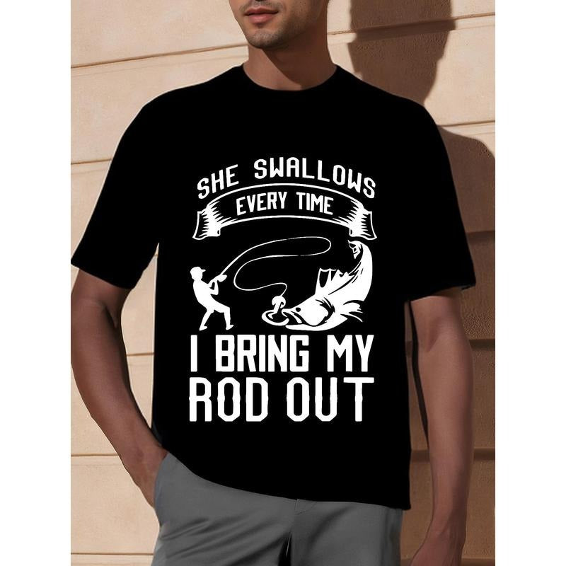 1pc Men'S Casual Cotton T-Shirt with Slight Stretch, Crew Neck, Geometric-Patterned Applique, Sports & Outdoor Themed, Regular Fit, Four Seasons Top for Fishing Enthusiasts Made in USA