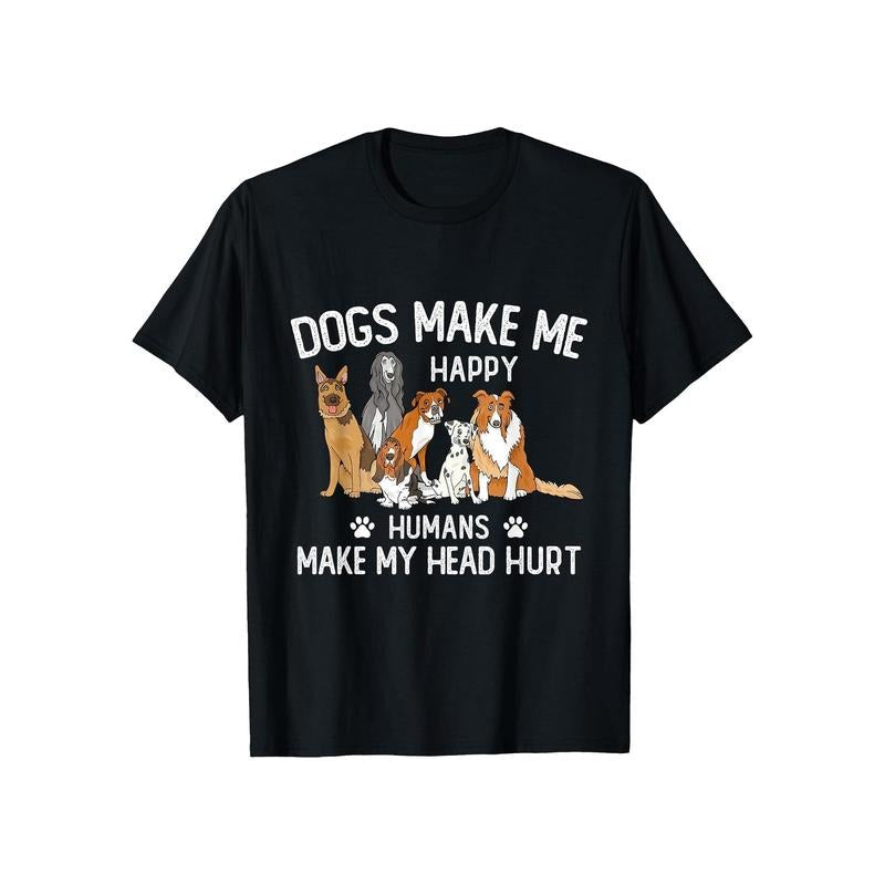 1pc Men'S Casual Round Neck T-Shirt - Dogs Make Me Happy, Humans Make My Head Hurt - Summer Cotton Tee with Geometric Dog...