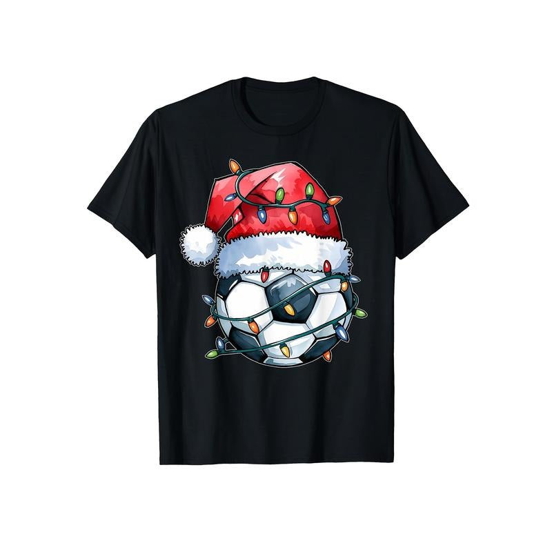 1pc Men'S Christmas Soccer Ball T-Shirt with Santa Hat and Lights - Casual Crew Neck Short Sleeve Knit Fabric Tee, Cotton...