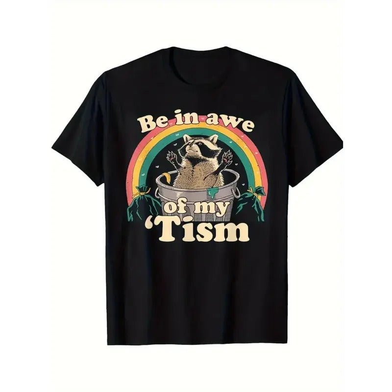 1pc Men'S Cotton T-Shirt with "Be in Awe of My Tism" Raccoon Graphic - Crew Neck, Geometric Pattern, All-Season Sports Style, Casual Comfort, Moisture-Wicking, Ideal for Outdoors & Beach made in usa