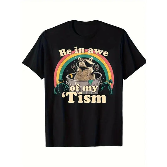 1pc Men'S Cotton T-Shirt with "Be in Awe of My Tism" Raccoon Graphic - Crew Neck, Geometric Pattern, All-Season Sports Style, Casual Comfort, Moisture-Wicking, Ideal for Outdoors & Beach made in usa
