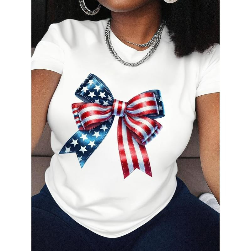 1pc Patriotic American Flag Bow Design Women'WB shield T-Shirt