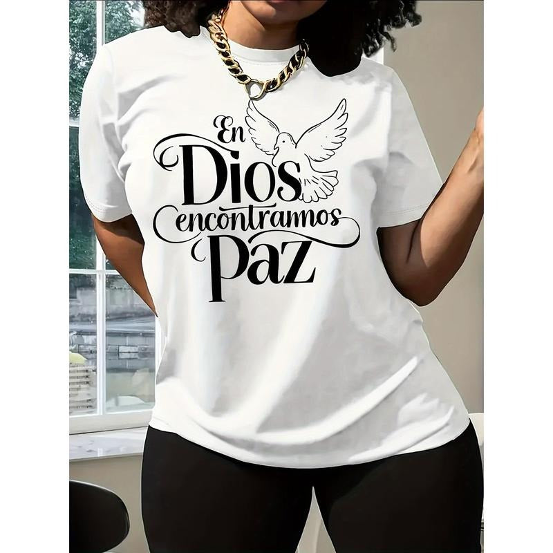 1pc Peace Dove& Religious Jesus Letter Print T-Shirt, Casual Crew Neck Short Sleeve Tee, 100% Polyester Knit Fabric,...