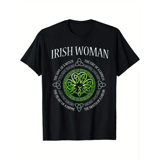 1pc RISH WOMAN The Soul of A Witch Shamrock St Patrick'S Day Men'S T-Shirt, 100% Cotton Fabric, Crew Neck, Short Sleeve, All-Season Casual Wear, 180gsm - Ideal for Valentines New Year'S Day Father'S Day Christmas, for Halloween Made in USA