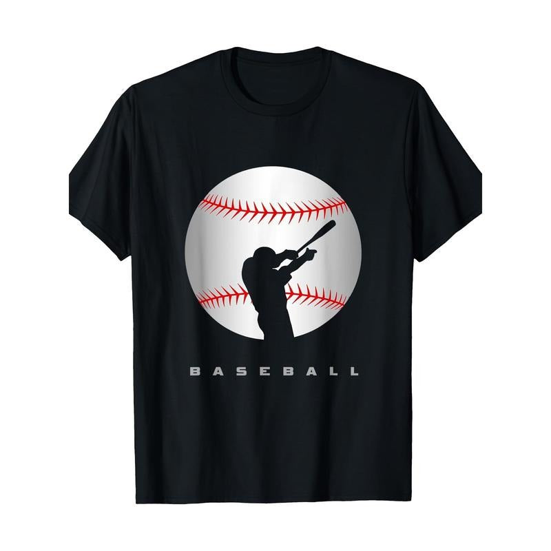 1pc Sports Fan Baseball Bat & Ball Print T-Shirt - 100% Cotton Crew Neck Tee - Knit Fabric Non-Stretch - All-Season Adult...