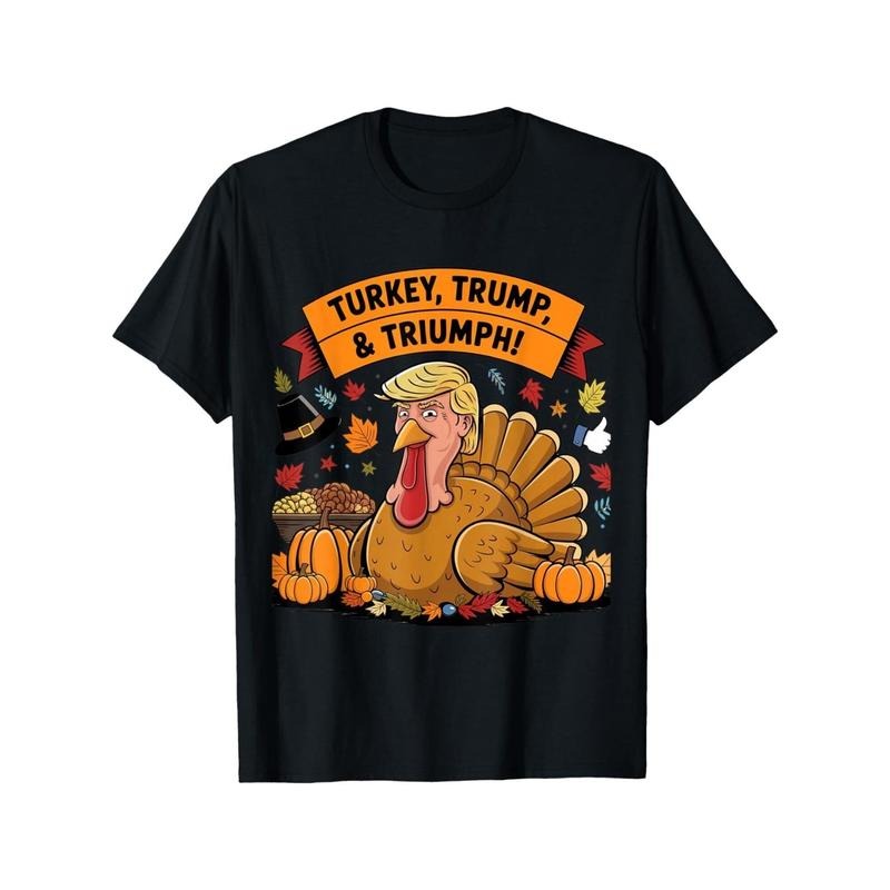 1pc Thanksgiving Political Satire T-Shirt - Cotton Crew Neck Tee with Turkey & Trump Graphic, Casual All-Season Knit...