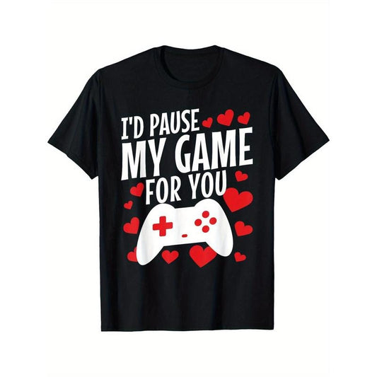 1pc Valentine'S Day Gamer T-Shirt - 100% Cotton, Casual Crew Neck, Short Sleeve, All-Season, Slight Stretch, Digital Heat Transfer Print, Regular Fit, Daily & Casual Wear, Adult - Black made in usa