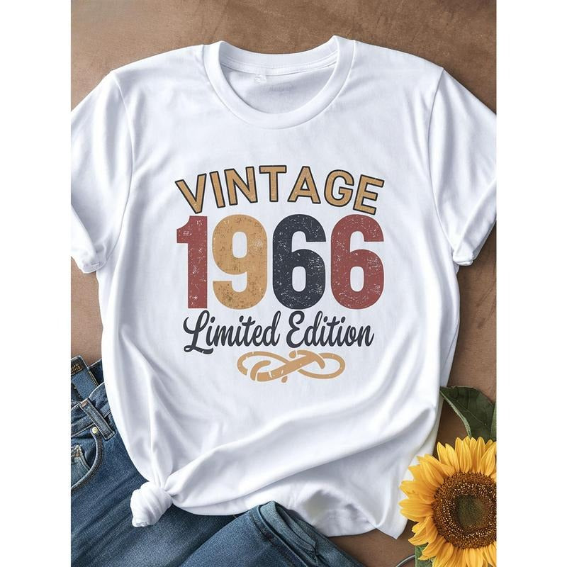 1pc Vintage 1966 Limited Edition Casual Cotton T-Shirt, Round Neck, Short Sleeve, Letter Print, Knitted Fabric, Regular...