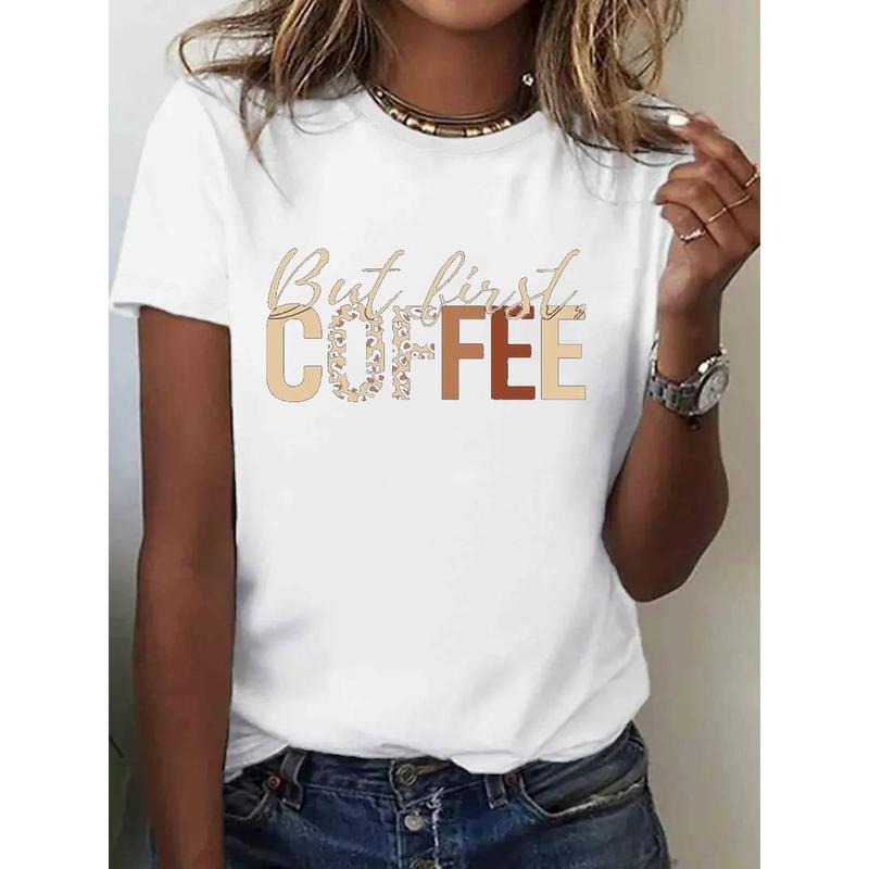 1pc Women'WB shield 100% Casual T-Shirt with "But First FOG" Graphic Print, Round Neck Short Sleeve Tee, Lightweight...