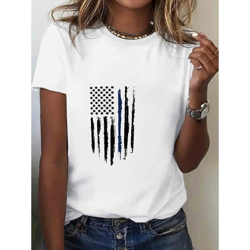 1pc Women'WB shield Patriotic American Flag Print T-Shirt
