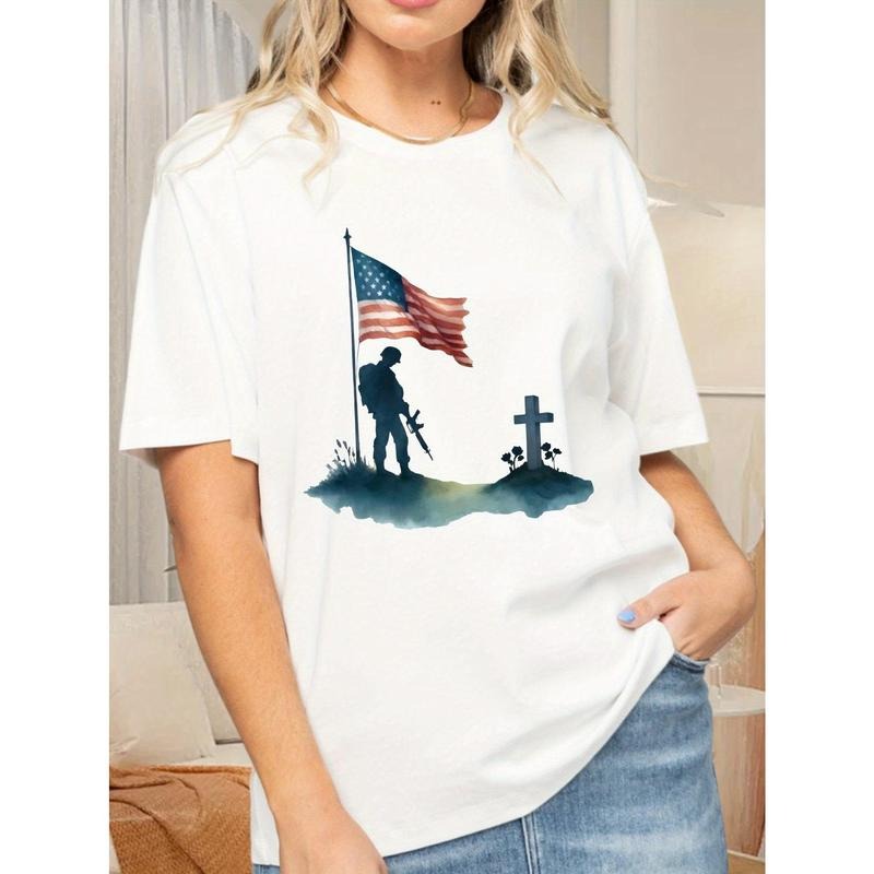 1pc Women'WB shield Patriotic Memorial Day T-Shirt