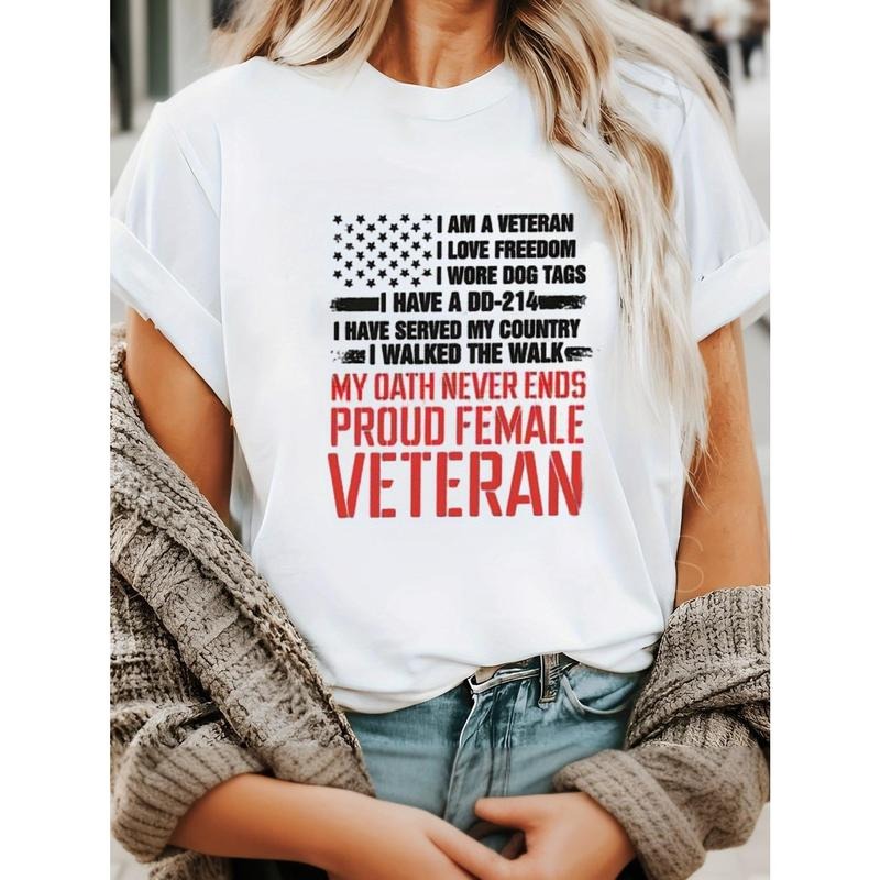 1pc Women'WB shield Vintage T-Shirt, Proud Female Veteran T-Shirt, Memorial Day Gift For Women, 100%, Crew Neck Design,...