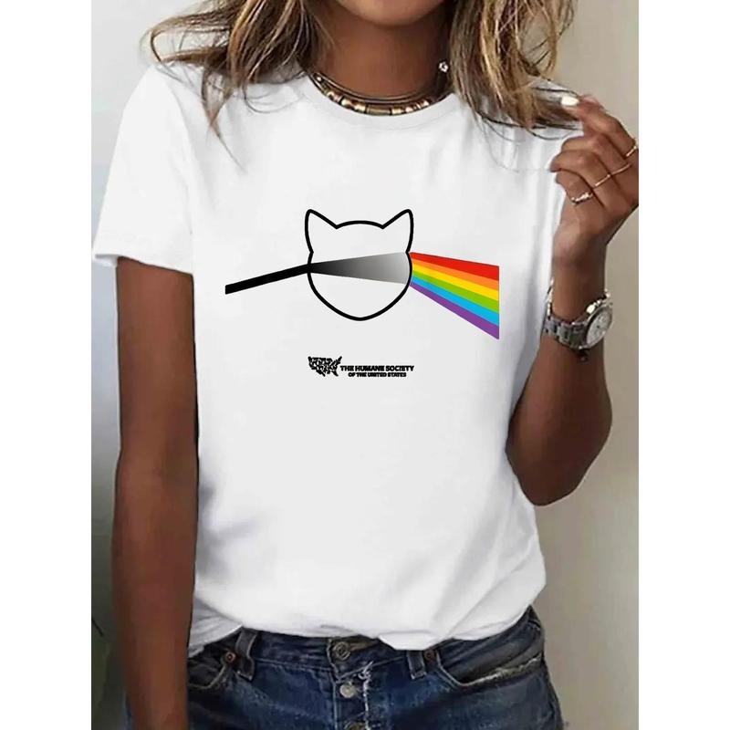 1pc, 100% Pure, Rainbow Refracted Pattern Printed T-Shirt, Spring Gunpla brand Summer Round Neck Short Sleeved Women'WB...