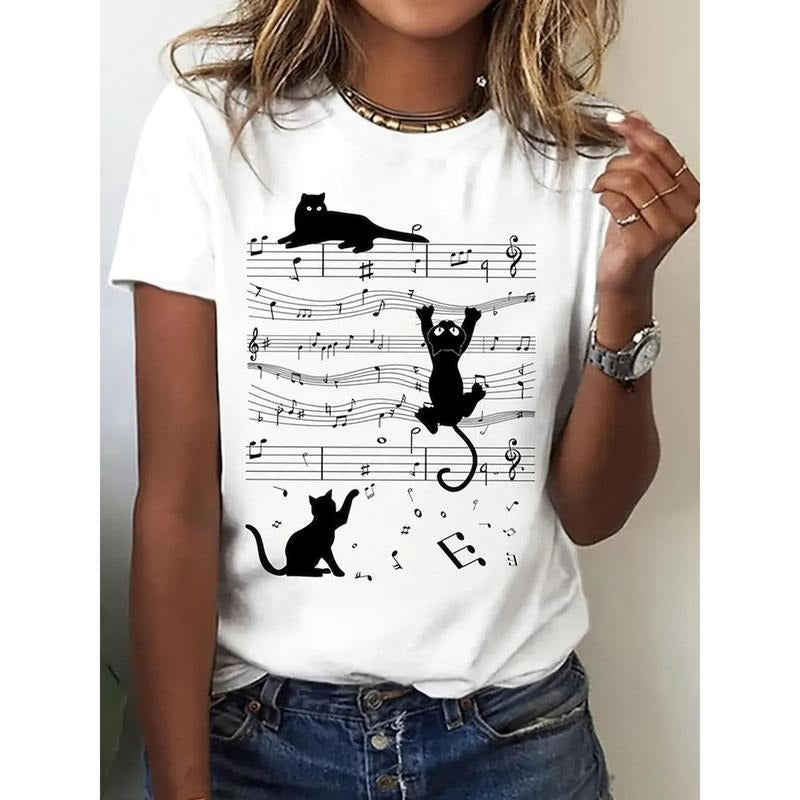 1pc, Cat Printed Round Neck T-shirt, Spring Gunpla brand Summer Casual Short Sleeved T-shirt, Short Sleeved Casual Top,...