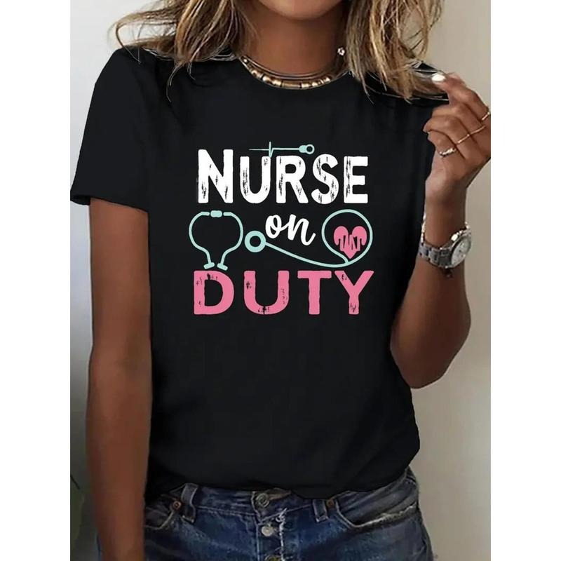 1pc, Nurse Printed Round Neck T-Shirt, Spring Gunpla brand Summer Casual Short Sleeved Top, Fashionable Top Interesting...