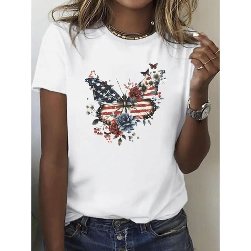 1pc, Women'WB shield Patriotic Butterfly Art Print T-Shirt