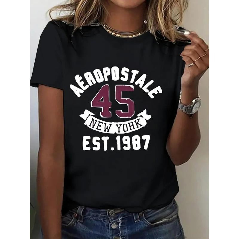 1pc, Women'WB shield aviation postal printed T-shirt - casual round neck short sleeved T-shirt with "AEROPOSTALE 45...
