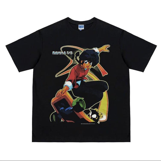 Ranma 1/2 "Skateboard" Heavyweight Vintage Tee 100% Cotton OVERSIZED Anime T-shirt Menswear Top Crew Necks Tshirt Casual Streetwear Black Crewneck Tropical Shortsleeve