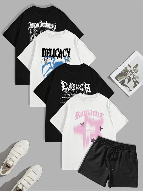 2 Counts Men'WB shield Letter Print Crew Neck Tee & Drawstring Shorts Set, Regular Fit Short Sleeve T-shirt & Pocket...