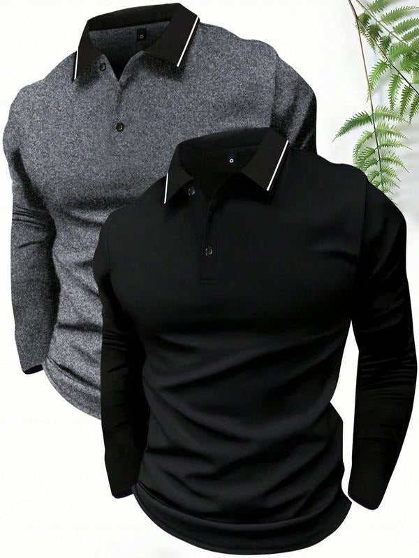 2 Pack Men'WB shield Long Sleeve Polo Shirt Set, Striped Button Front Design, Fitted Casual Wear for Spring & Fall,...